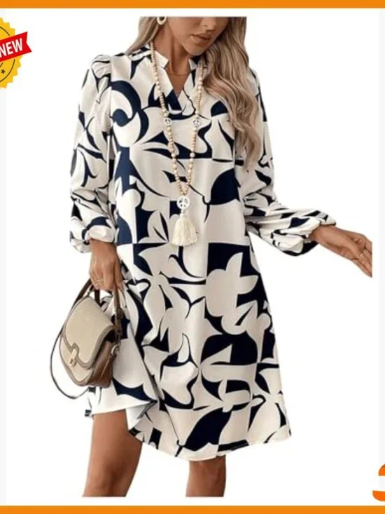 Geometric Print V-Neck Lantern Sleeve Casual Dress Polyester Long Sleeve - Picture 5 of 6